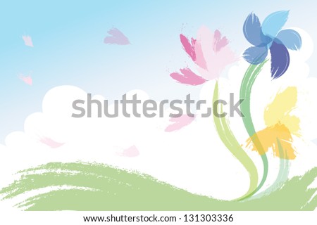 Watercolour painted spring flowers against blue sky and white cloud background vector illustration