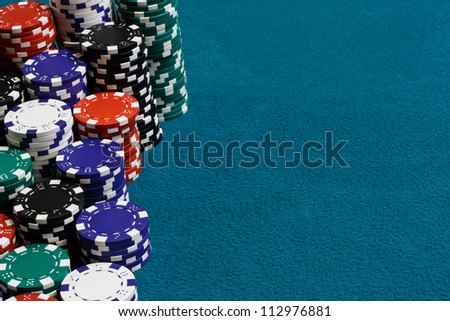 betting chip frame or border with blue card table velvet