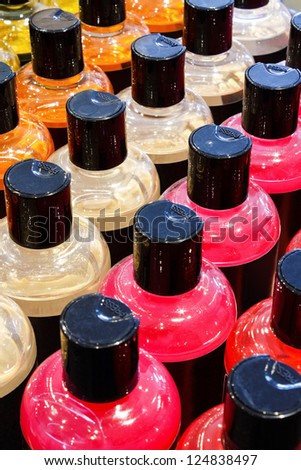 Luxury foam bath bottles in striking colors a popular pampering and beauty product