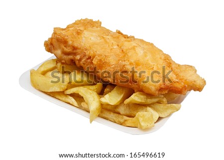 Carton of fish and chips A traditional British takeaway choice isolated on white Carton of fish and chips A traditional British takeaway choice isolated on white