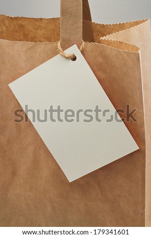 Brown paper bag with blank tag attached for your personal message or company branding