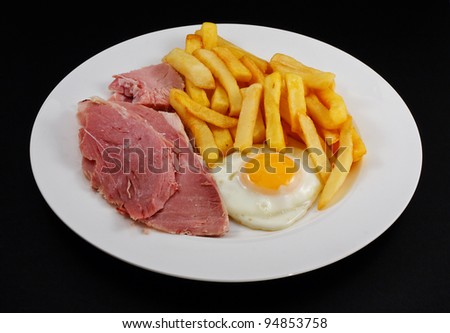 Close up of Ham, egg and chips. A traditional British Cafe Dish