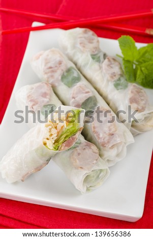 Bo Bia - Vietnamese fresh summer rolls with Chinese sausage, jicama, carrots, lettuce, egg and dried shrimp.