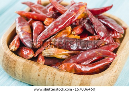 Red Dried Chillies - Dry chillies in a bamboo square bowl on a blue background.
