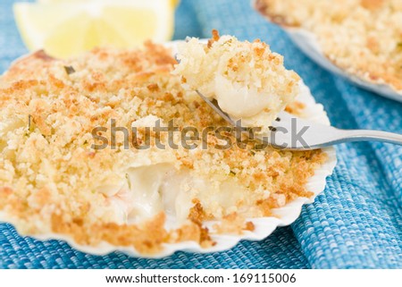 Scallop & Prawn Gratin - Queen scallop and king prawn gratin with thermidor sauce, topped with a crust of breadcrumbs and cheese served in the shell.
