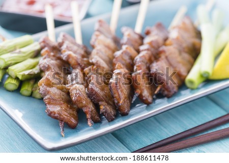 Kushiyaki - Butabara (belly pork). Japanese grilled food on skewers.