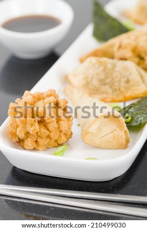 Fried Asian Snacks - Deep fried Oriental starters served with soy based dipping sauce.