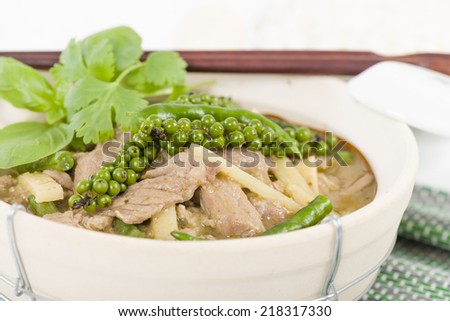 Jungle Curry (Kaeng Pa) - Northern Thai pork curry with young green pepper corns, chilis and snake beans.