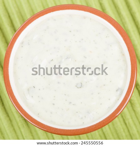 Mint Raita - South Asian yoghurt and mint dipping sauce on a green background.