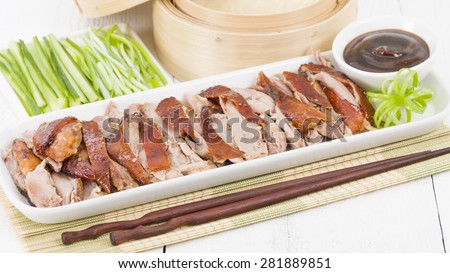 Peking Duck - Chinese roast crispy duck served with hoisin sauce, pancakes, cucumber and spring onions.