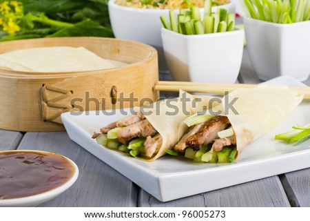 Peking Duck - Chinese peking duck wrapped in pancakes with cucumber, spring onions and hoisin sauce.