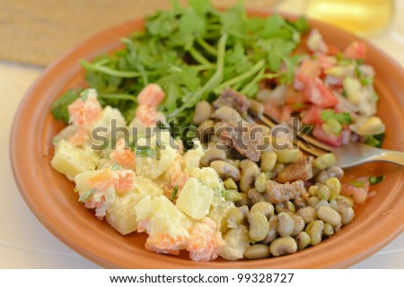BBQ Salads - Plate with traditional Brazilian side dishes - potato salad, black eyed pea salad, tomato and onion salsa and coriander.