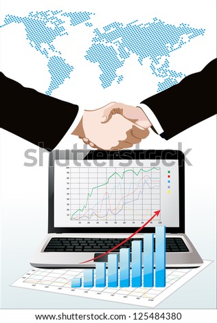 World map, laptop showing a spreadsheet with some 3d charts over it and handshake