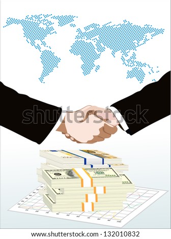 World map, money end graph over it handshake