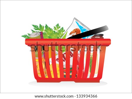 Shopping basket and groceries isolated on white