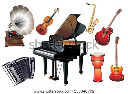 Different music instruments on the white background