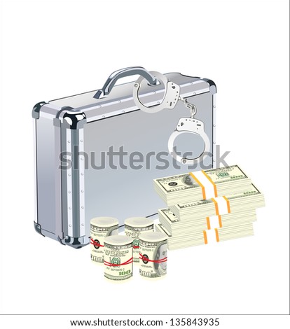 aluminum case with money and handcuffs over white background