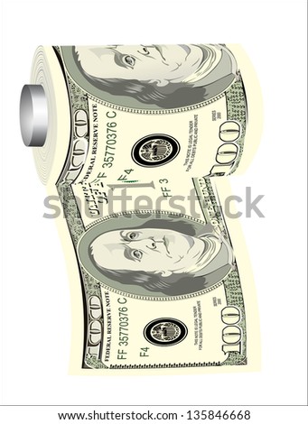 A toilet paper roll of hundred dollar bills on a dispenser, symbolizing the careless spending of money