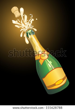 Bottle of Champagne with popping cork and Champagne spray on black background.