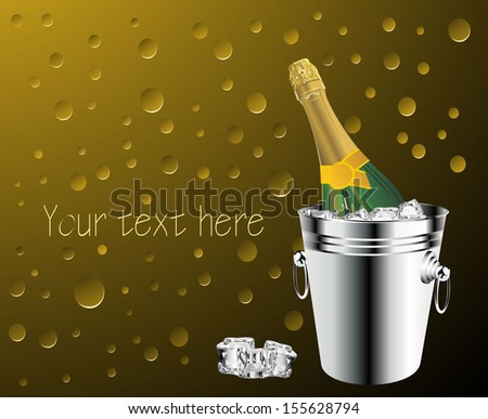 bottle of champagne in cooler with ice cubes (with sample text)