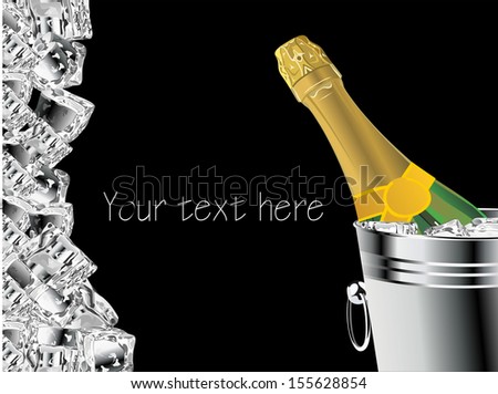 bottle of champagne in cooler with ice cubes (with sample text)