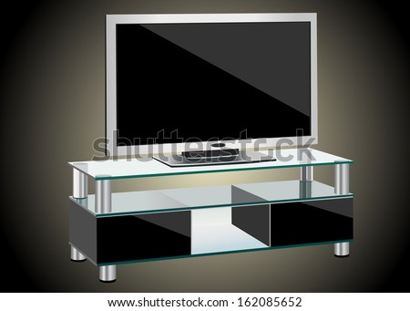 Black TV stands on a glass shelf