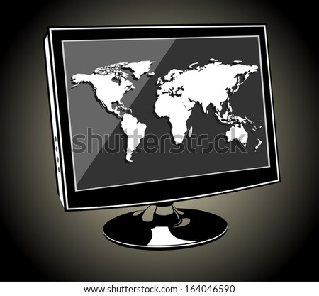 Computer monitor with World map and flying digits on screen