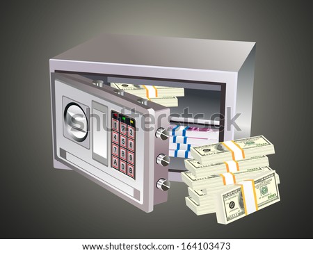 illustration of opened steel safe with money