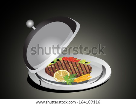Grilled steak, French fries and vegetables on salver plate under the food cover
