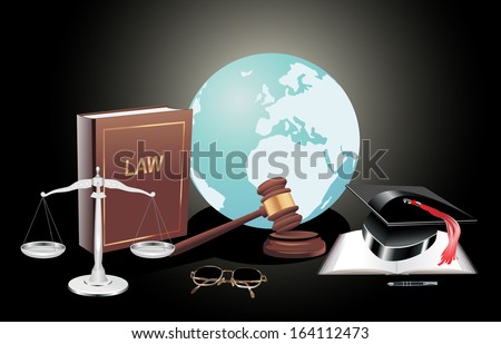 international globe, scales of justice, gavel and book illustration design