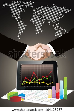 World map, tablet pc computer showing a spreadsheet with some 3d charts over it and handshake