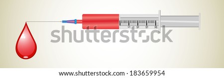 Plastic disposable syringe filled with red liquid.