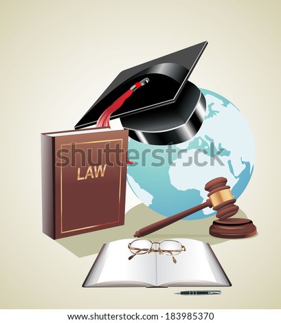 international globe, scales of justice, gavel and book illustration design