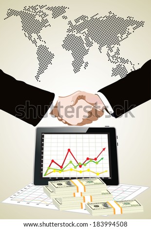 World map,dollars bills and tablet pc computer over it handshake