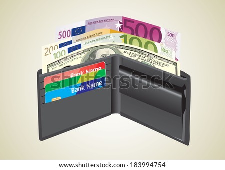 Leather wallet,inside, with bank cards and money.