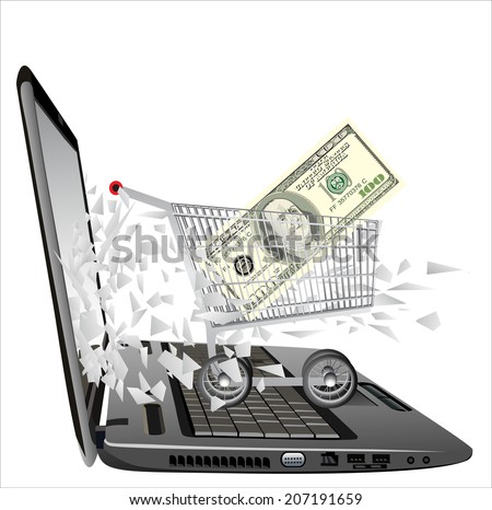 flying out of a broken laptop computer screen-Shopping supermarket cart 100 dollar isolated on white background