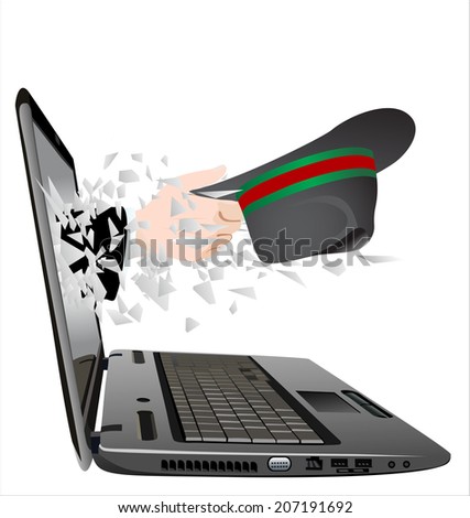 flying out of a broken laptop computer screen- hand giving hat isolated on white background.
