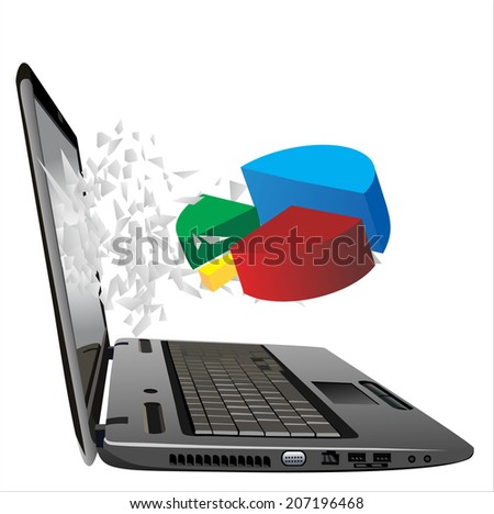flying out of a broken laptop computer screen-Business charts isolated on white background