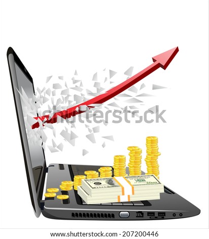 flying out of a broken laptop computer screen- Coins dollars and red arrow isolated on white background