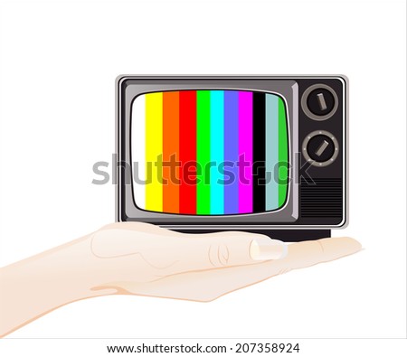 Woman\'s hand holding object-classic tv -colorful no signal