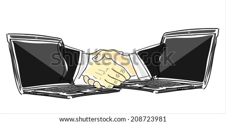 business, shown by handshake between two people from inside the laptop.