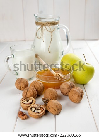 morning breakfast, milk, honey, apples, cookies