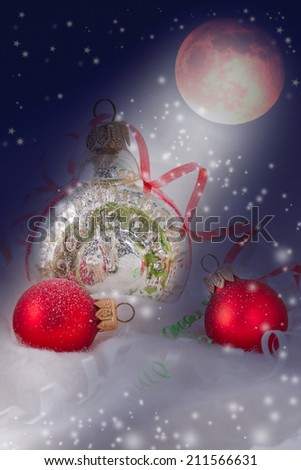 Festive baubles in Blizzard on  New Year's Winter Night