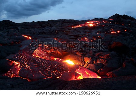 Lava flowing at twilight, Big Island, Hawaii