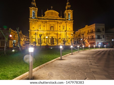 Parish Church at night Floriana. Malta