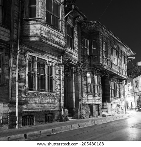 Turkey. Istanbul. The old wooden house on a narrow street in area Sultanahmet, black and white