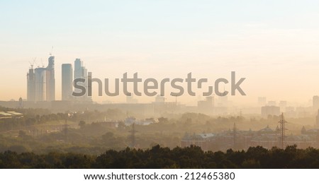 summer dawn and the view of the skyscrapers of Moscow City and high-rise buildings
