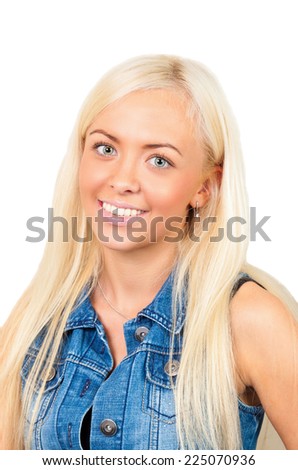 beautiful young blonde girl in a skirt and denim jacket smiling posing for photos isolated on white background