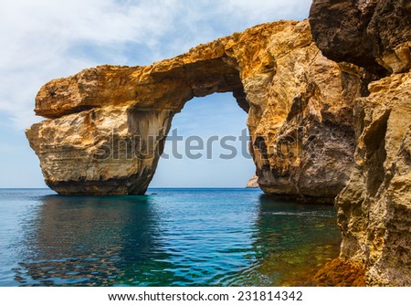 Azure Window, famous stone arch of Gozo island in the sun in summer, Malta