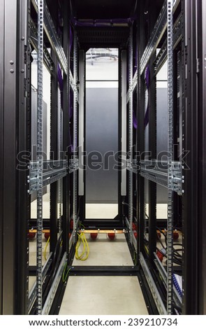 empty racks in the data center and the corridor between them